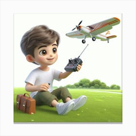 Boy Playing With A Toy Airplane Canvas Print