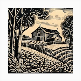 Barn In The Countryside Linocut Canvas Print