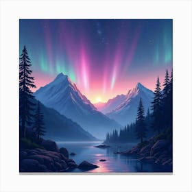 Celestial Watercolor Aurora Over Majestic Mountains 1 Canvas Print