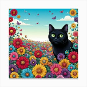 Black Cat In A Flower Field 1 Canvas Print