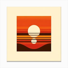 Title: "Solar Echoes: Warmth of the Desert Sun"  Description: "Solar Echoes" captures the mesmerizing symmetry and warmth of the desert sun, distilled into a minimalist composition. Concentric circles emanate from the central orb, casting their reflection on the layers beneath, suggesting a mirage-like duplication. The palette is a homage to the hues of a desert at dusk, with rich oranges, reds, and earthy browns creating a gradient that mirrors the heat and intensity of the setting sun. Perfect for a space in need of warmth or a meditative focal point, this piece brings the quiet strength and enduring beauty of the sun's daily spectacle into any environment, inviting contemplation and a sense of grounded energy. Canvas Print