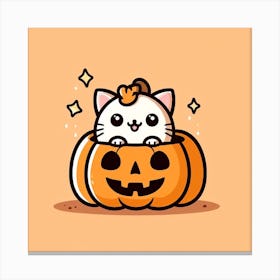 Cute Cat In A Pumpkin Kawaii Cartoon Anime Styled Halloween Design Canvas Print