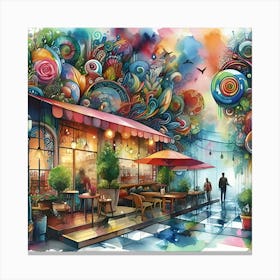 Watercolor Painting Features Vibrant Colors And Surreal Elements Of A Cafe Canvas Print