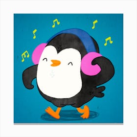 Happy Penguin Listening Music With Headphone Canvas Print