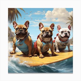 French Bulldogs On Surfboard Canvas Print