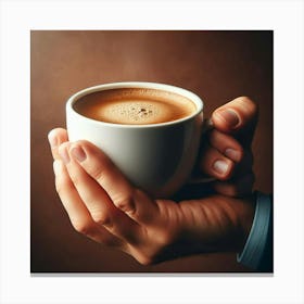 Rich, Aromatic, and Inviting: A Cup of Coffee Held in Hand, Offering a Moment of Warmth and Comfort, with its Delicious Blend of Roasted Beans and a Hint of Sweetness, Providing a Perfect Pick-Me-Up to Start the Day or a Relaxing Break in the Afternoon Canvas Print