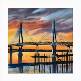 Sunset over the Arthur Ravenel Jr. Bridge in Charleston. Blue water and sunset reflections on the water. Oil colors.11 Canvas Print
