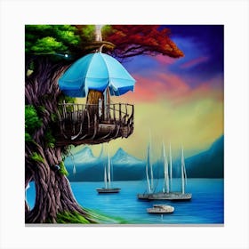 Tree House Sailboats Mountain Canvas Print