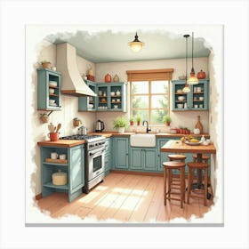 Charming Watercolor Kitchen Scene, Cozy And Detailed 1 Canvas Print