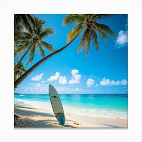 A Sunny Beach In A Tropical Paradise Palm Trees Bending Slightly Above The Turquoise Waters Edge (1) Canvas Print