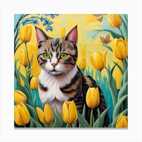 Cat In Tulips 1 Canvas Print