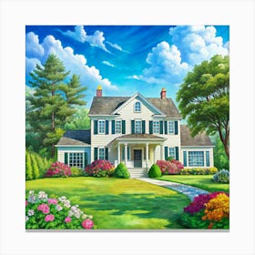 Charming White House With Green Lawn And Colorful Flowers Canvas Print