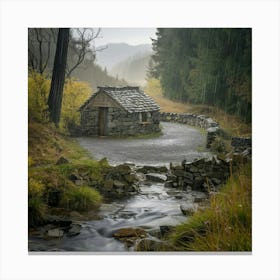 Small Stone Cottage In The Rain Canvas Print