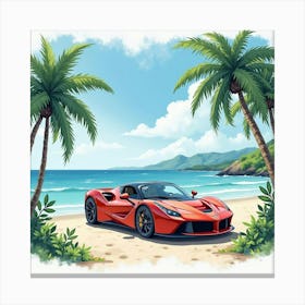 Exotic Sports Car In A Tranquil Tropical Bay, Watercolor Painting 1 Canvas Print