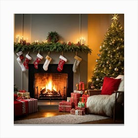 A Convivial Christmas Scene A Roaring Hearth Fireplace Illuminating The Room A Lush Evergreen Chri (3) Canvas Print