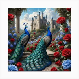 Peacocks And Roses 2 Canvas Print