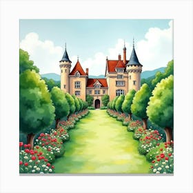 An English Castle In The Background With Lush Green Gardens, Watercolor Art Canvas Print