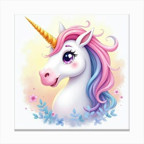 Radiant Unicorn With A Golden Horn, Watercolor 1 Canvas Print