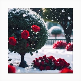 Garden Park in the Snow with Red Roses Canvas Print