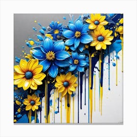 Blue And Yellow Flowers drip graffiti Canvas Print