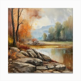 Autumn Lake,Forest Lake, Vintage Oil Painting, Farmhouse Wall Decorations, Antique Landscape, Vintage Landscape Oil Painting.4 5 Canvas Print