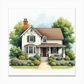 A Cozy English Home With A Front Porch And Well Tended Garden, Watercolor 1 Canvas Print