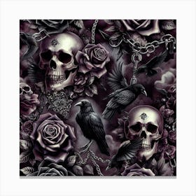 Gothic Skulls And Purple Roses Pattern Canvas Print