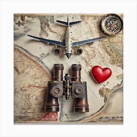 Firefly A Paris, France Vintage Travel Flatlay, Binoculars, Small Red Heart, Map, Stamp, Flight, Air (3) Canvas Print
