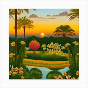 Landscape With Palm Trees And Flowers Canvas Print