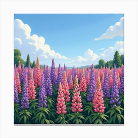 A Picturesque Scene Of A Field Of Pink And Purple Lupines Under A Blue Sky 1 Canvas Print