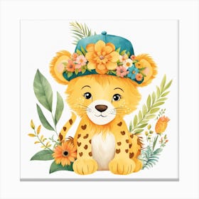 Floral Cute Baby Lion Nursery Illustration (9) Canvas Print