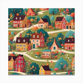 Seamless Pattern With Houses And Trees Canvas Print