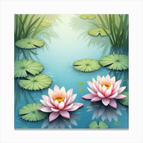 Watercolor Lilies Floating On A Serene, Calm Pond 1 Canvas Print