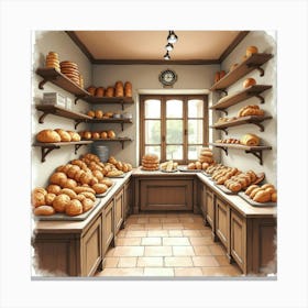 Cozy Watercolor Of A Traditional Italian Bakery, With Fresh Bread And Pastries On Display 1 Canvas Print