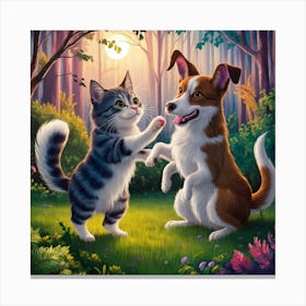 Cat And Dog Playing In The Woods Canvas Print