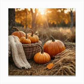 Vibrant Autumn Pumpkins In A Basket Canvas Print