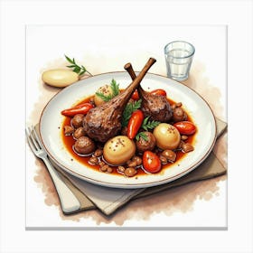 Watercolor Depiction Of A Savory And Hearty Lamb Stew On A Stylish Dining Table Canvas Print