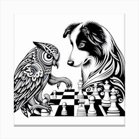 Border Collie S Chess Duel With An Owl Canvas Print