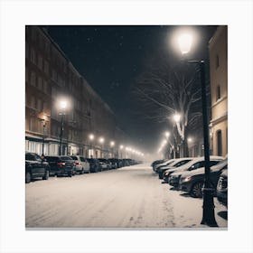 A Dimly Lit Snowy Street Lined With Parked Cars Has Buildings In The Background, Streetlights Providing Safety Amid The Peaceful White Surroundings 1 Canvas Print