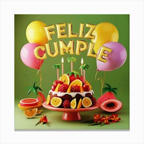 Feliz cumple and Feliz cumpleaños sign means Happy Birthday in Spanish language, Birthday party celebration gift with birthday cake candle colorful balloons best congratulation over light background wall artFeliz Cumple 61 Canvas Print