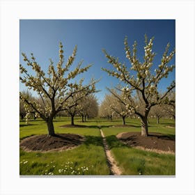 A Peaceful Orchard With Fruit Trees In Full Bloom And A Clear Blue Sky 2 Canvas Print