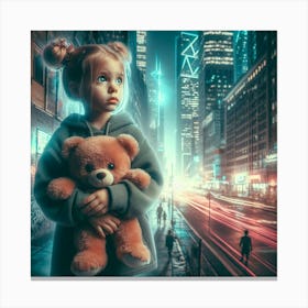 Little Girl With Teddy Bear In The City Canvas Print