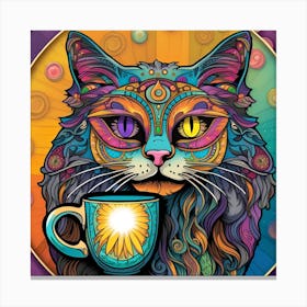Cat With Cup Of Coffee Whimsical Psychedelic Bohemian Enlightenment Print Canvas Print