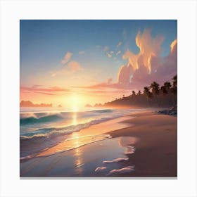 Tranquil Beach At Sunrise Bathed In The Ethereal Glow Of A Heavenly Realm Canvas Print