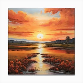 Sunset Over The River \ Acrylic colours Canvas Print