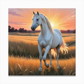 White Horse In The Field At Sunset 2 Canvas Print