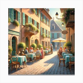 Romantic European Café Scene with Cobblestone Streets – Quiet Outdoor Ambiance Canvas Print