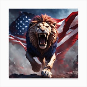 Roaring Lion With American Flag Canvas Print