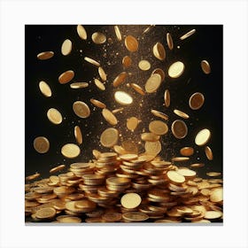 Golden Coins Falling from the Sky and Creating a Pile of Money on a Black Background Canvas Print