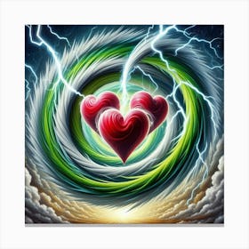 3 Dimensional Lightning With Multiple Green And White Swirls In A Vortex Of 3 Red Hearts Oil Painting 4 Canvas Print